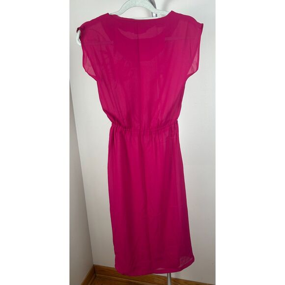 Vintage 80s Secretary Dress Womens Small Sheer Raspberry Necktie Shirtdress - Picture 2 of 5